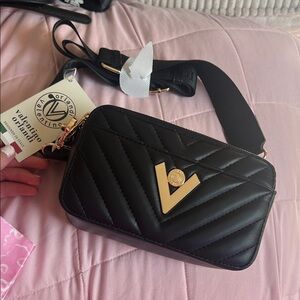 Valentino Orlandi Black Quilted Crossbody with Gold V Accent NWT